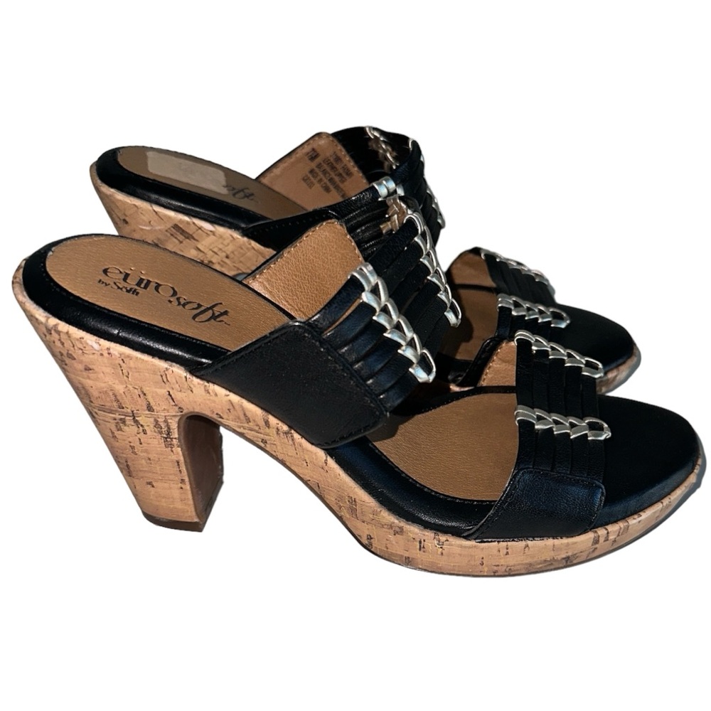 Eurosoft Sofft Fayann Slide Heel Sandal Black leather silver metallic decor 7.5 - Picture 2 of 15